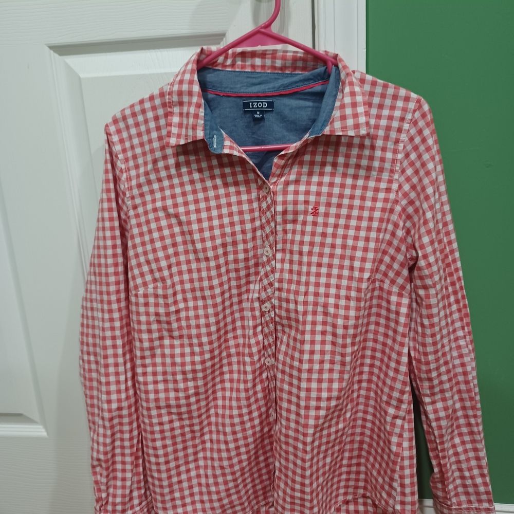 Izod Women's Gingham Blouse/Button-Down Shirt | M | Pink/White 👚